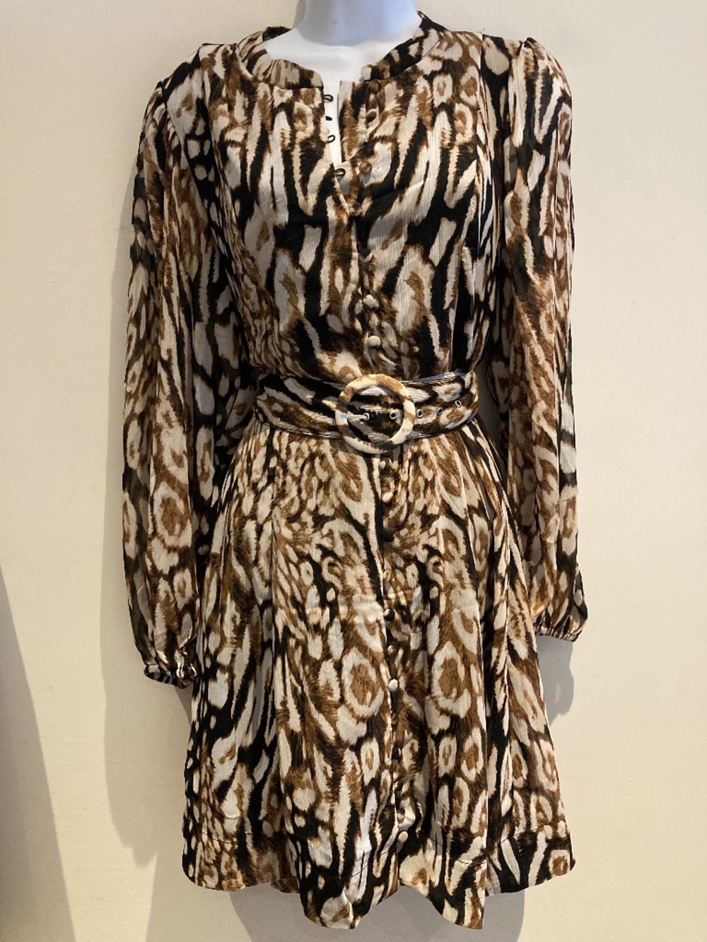 CeCe Brown/White Animal Print Dress, Belted, Size S